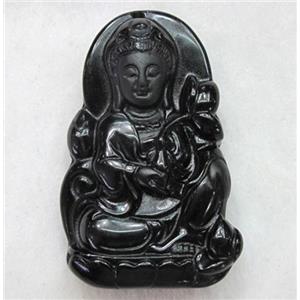 Natural Black Obsidian Buddha Pendant, approx 28x45mm