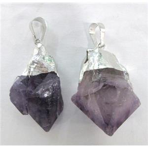 natural healing amethyst pendant, point, freeform nugget, silver plated, approx 20-40mm