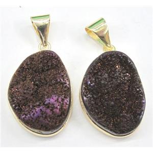 druzy quartz pendant, freeform, purple electroplated, approx 18x25-25x30mm