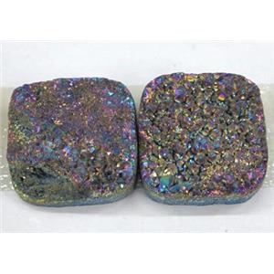 quartz druzy cabochon, square, rainbow electroplated, approx 12x12mm