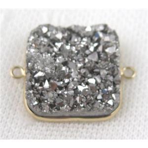 druzy quartz connector, square, silver electroplated, approx 25x25mm