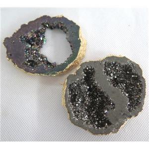 druzy agate pendant with 2-holes, freeform slab, black electroplated, approx 30-60mm