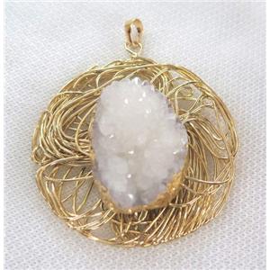 white druzy quartz pendant, gold plated, approx 60mm dia