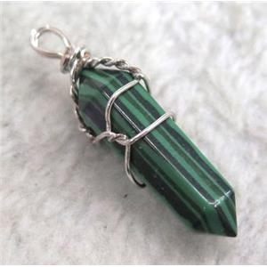 Malachite pendant, bullet, wire wrapped, approx 20-30mm