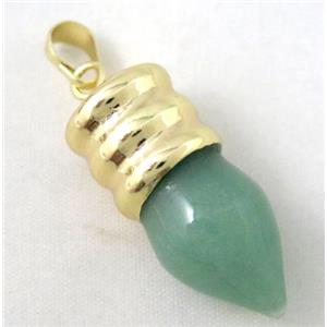 green aventurine bullet pendant, gole plated, approx 14-35mm