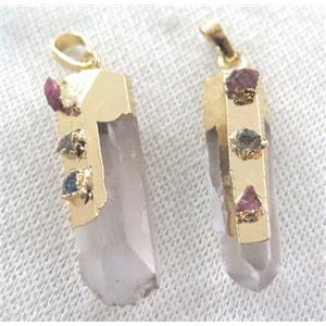 clear quartz pendant paved tourmaline, stick, gold plated, approx 20-40mm