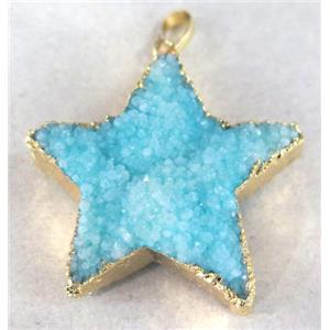 blue quartz druzy star pendant, gold plated, approx 25-35mm