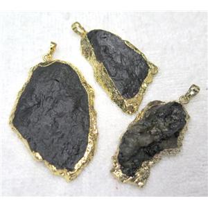 black tourmaline slice pendant, freeform, gold plated, approx 30-60mm