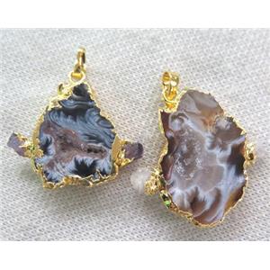 druzy agate pendant paved gems, freeform slice, gold plated, approx 15-40mm