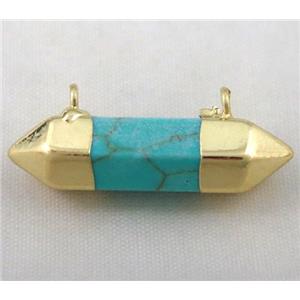 green turquoise pendant with 2holes, bullet, gold plated, approx 10-30mm