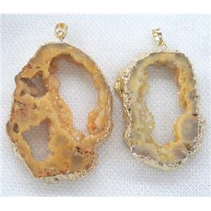 yellow agate druzy slice pendant, freeform, gold plated, approx 20-60mm