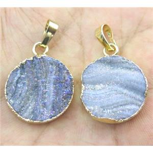 Druzy Agate pendant, flat-round, gold plated, approx 20mm