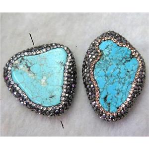 turquoise slice bead paved rhinestone, flat freeform, blue, approx 20-40mm