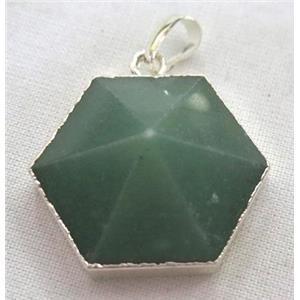 green aventurine hexagon pendant, point, silver plated, approx 25mm dia