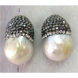 white freshwater pearl beads with rhinestone, teardrop, approx 12-16mm