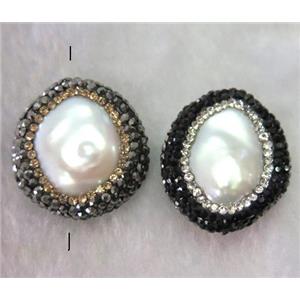 white freshwater pearl beads with rhinestone, flat freeform, approx 15-22mm