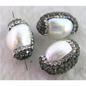 white freshwater Pearl beads paved rhinestone, rice shape, approx 10-18mm