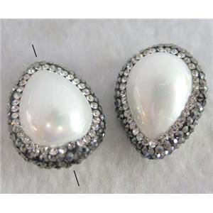white shell pearl bead paved rhinestone, teardrop, approx 20-28mm