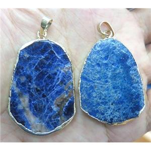 blue sodalite slice pendant, flat freeform, gold plated, approx 20-50mm