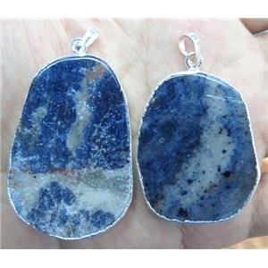 blue sodalite slice pendant, flat freeform, silver plated, approx 20-50mm