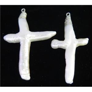freshwater pearl pendant, cross, white, approx 20-50mm