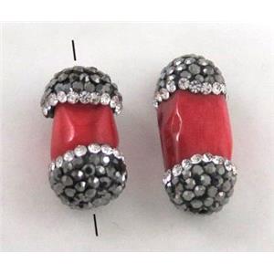 red coral bead paved rhinestone, tube, approx 12-25mm