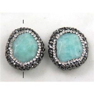 Amazonite stone bead paved rhinestone, faceted freeform, green, approx 18-25mm