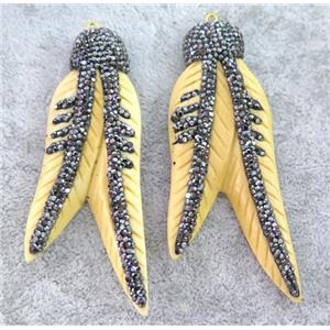 yellow cattle bone feather pendant paved rhinestone, approx 12-80mm