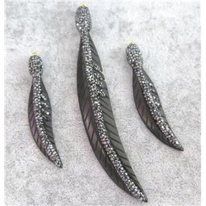 cattle bone pendant paved rhinestone, feather, black, approx 12-60mm