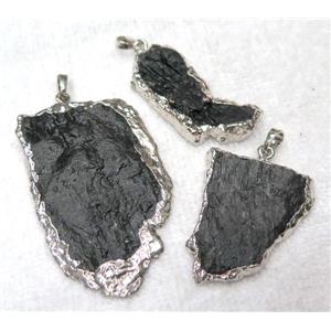 black tourmaline slice pendant, freeform, silver plated, approx 15-40mm