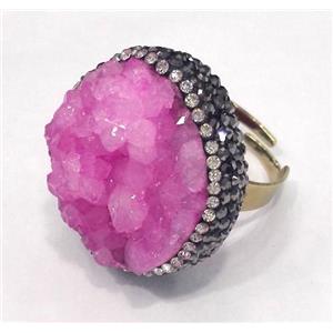 pink druzy quartz ring paved rhinestone, copper, gold plated, approx 20-25mm, 20mm dia