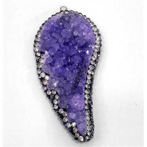 purple druzy quartz pendant paved rhinestone, wing, approx 25-50mm