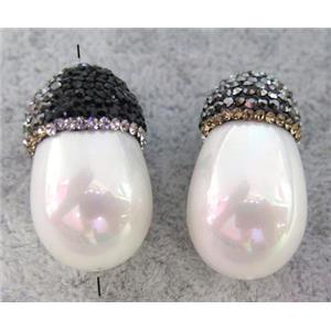 white pearl shell teardrop beads paved rhinestone, approx 20-30mm
