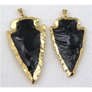 hammered agate onyx arrowhead pendant, black, gold plated, approx 20-45mm