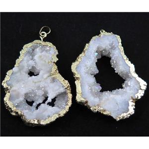 druzy agate slice pendant, white AB-color, freeform, gold plated, approx 20-60mm