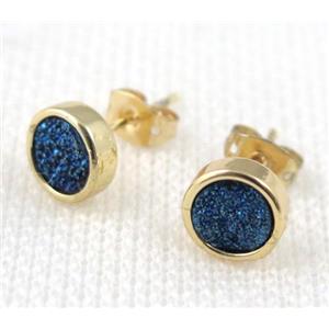 blue agate druzy earring stud, copper, gold plated, approx 8mm, 16mm length