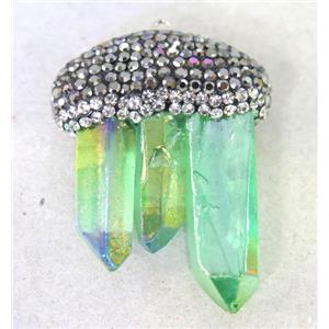 crystal quartz stick pendant paved rhinestone, green, approx 12-40mm