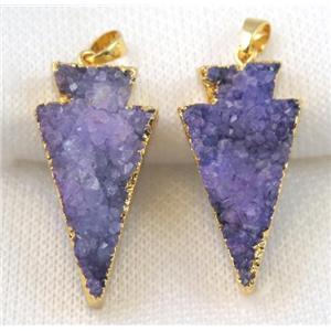 purple druzy quartz pendant, arrowhead, gold plated, approx 18-35mm