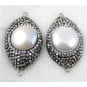 pearl connector paved rhinestone, white, approx 20-35mm