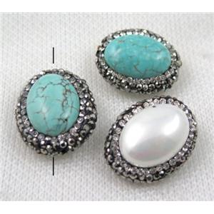 turquoise and shell bead pave rhinestone, oval, approx 20-25mm