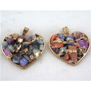 Fluorite pendant, heart, copper, gold plated, approx 35-40mm
