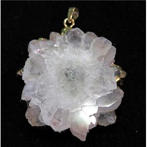 polished Solar Quartz drzuy pendant, freeform, white, gold plated, approx 30-50mm