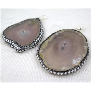 gray agate slice pave silver Foil, rhinestone, freeform, approx 25-50mm