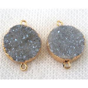 light blue-gray druzy quartz connector, flat round, gold plated, approx 16mm dia