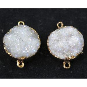white AB-color druzy quartz connector, flat round, gold plated, approx 16mm dia