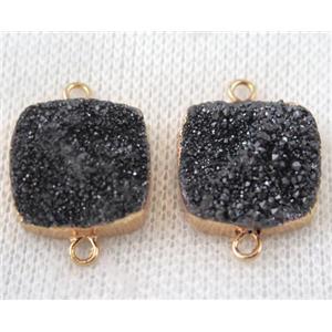 black druzy quartz connector, square, gold plated, approx 16x16mm