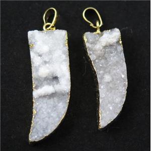 white druzy quartz pendant, horn, gold plated, approx 15-40mm