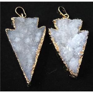 white druzy quartz pendant, arrowhead, gold plated, approx 22-45mm
