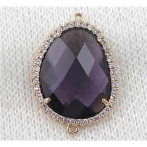 purple crystal glass teardrop connector paved zircon, gold plated, approx 18x24mm