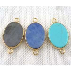 mixed gemstone connector, flat oval, gold plated, approx 15x20mm